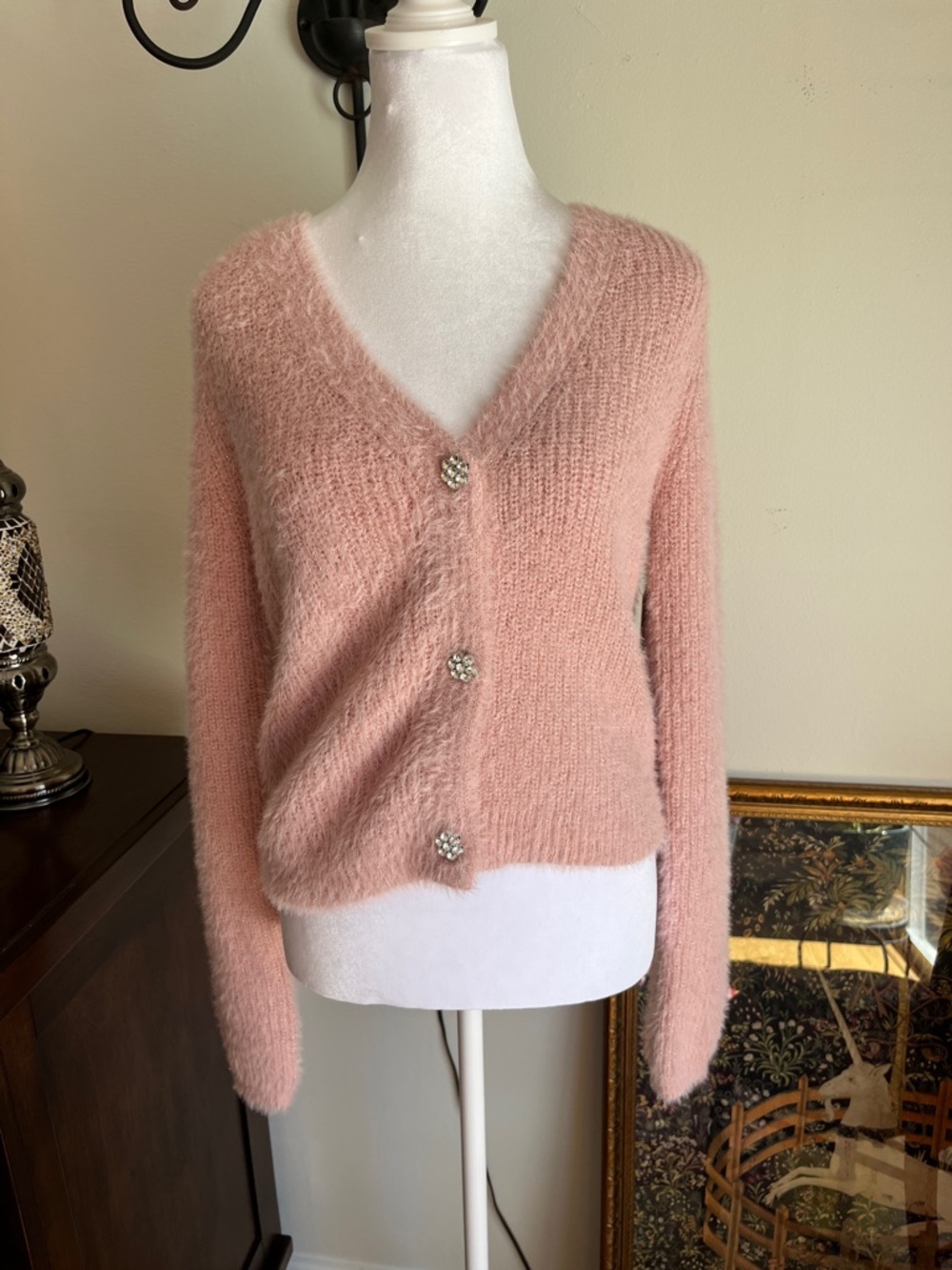 Derek Heart Blush Pink Fuzzy V-Neck Cardigan with Jewel Buttons
